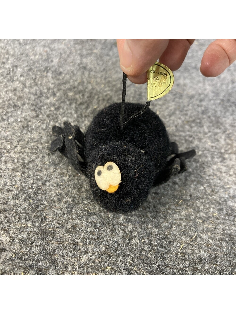 1986 R Dakin Black Halloween Ornament Plush Poofball Spider Vintage